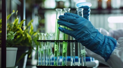 Poster - A gloved hand carefully places a test tube filled with a vibrant green liquid into a rack of other tubes