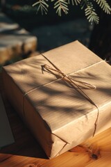 Aufkleber - A box wrapped in brown paper sitting on a wooden table, perfect for use as a prop or background element