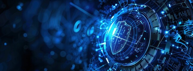 Poster - Glowing Blue Circuitry Shield Overlaid On Circuit Board With Glowing Dots