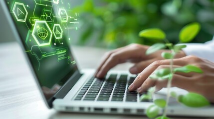 Poster - A closeup image of hands typing on a laptop with green digital icons on the screen symbolizing technology and innovation