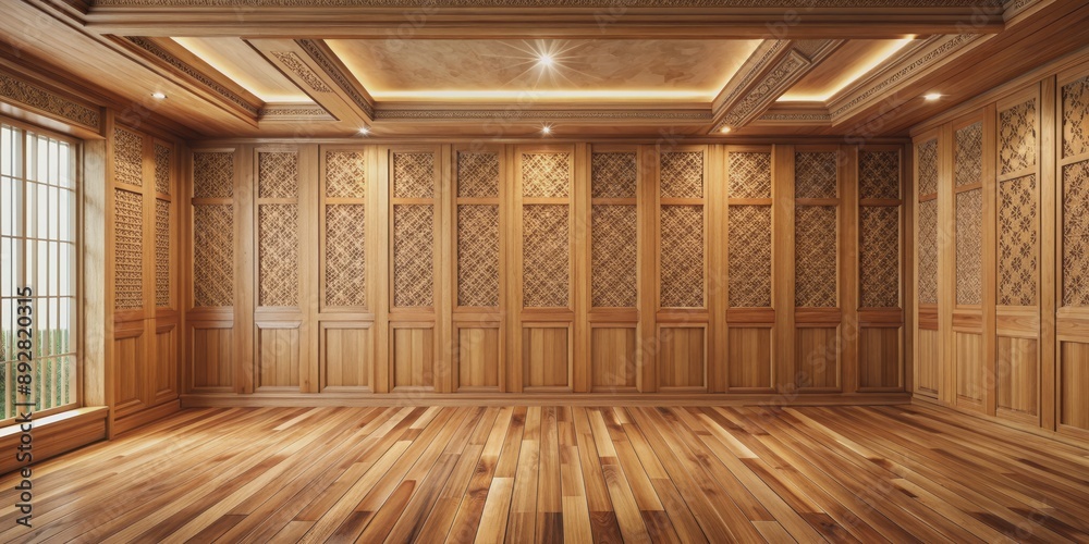 Empty Wooden Room with Ornate Ceiling, Wood Paneling, and Hardwood ...