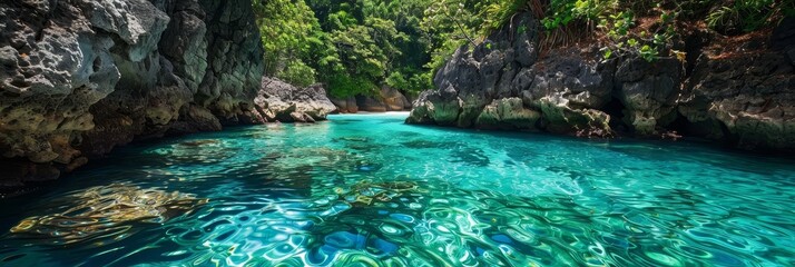 Poster - Captivating tropical lagoon vacation wallpaper featuring crystal clear,turquoise waters,lush palm trees,and abundant copy space for text overlay. An idyllic,serene scene perfect for travel,adventure.