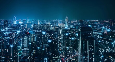 Poster - An urban telecommunications network and wireless 5G LTE internet connection. An IoT concept, business globally, fintech, and blockchains.