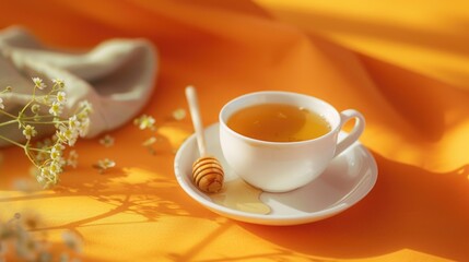Poster - A cup of tea served on a saucer with a spoon, perfect for a cozy moment
