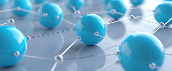 Poster - Abstract spheres with connections - 3D illustration - blue and white