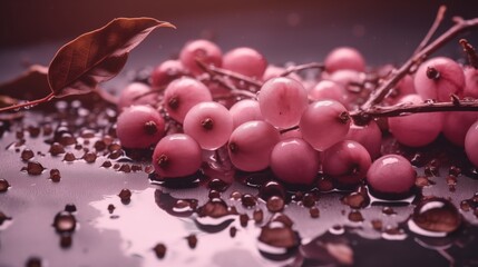 Photo of coffee beans and water, light silver and light pink style, anime aesthetic. 