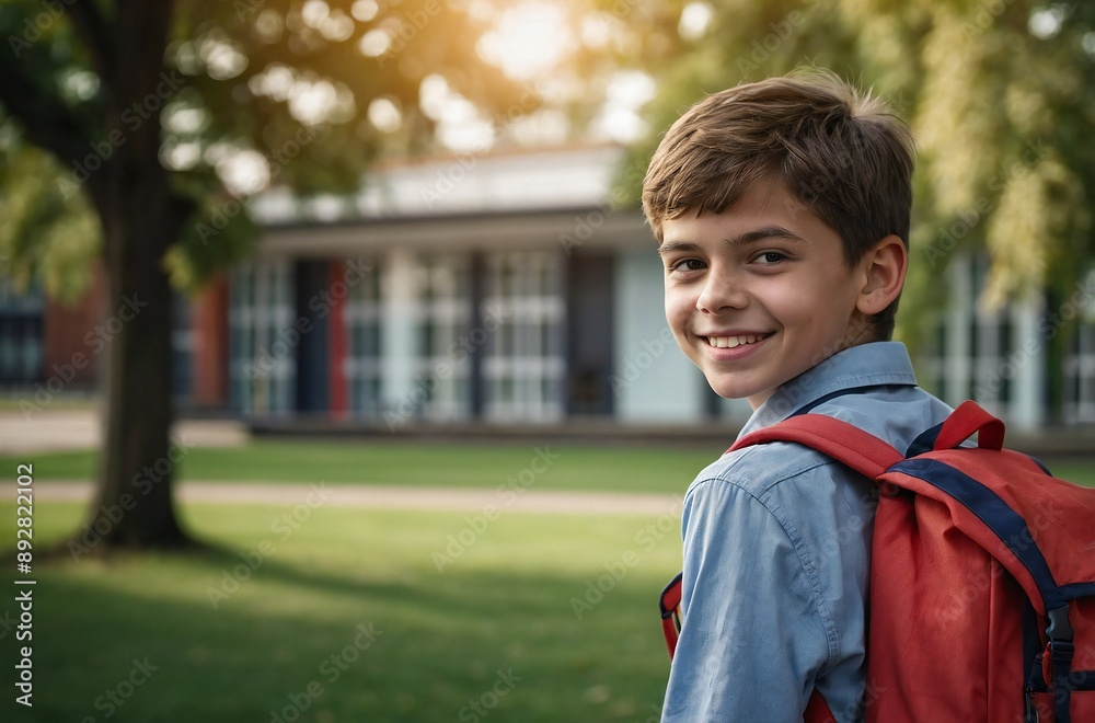 Smiling Schoolboy with Backpack Outdoors in Schoolyard - Happy Student ...