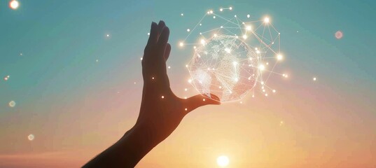 Poster - A hand of a businessman touches a circle of global network connection and data exchange on a sunset background, Science, Innovation, Communication, and Technology.