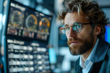 Poster - Stylish businessman with a well-groomed beard and trendy eyeglasses using AI-powered holographic screens to calculate e-invoices in a futuristic office setting.