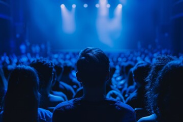 a group of movie lovers gathers to watch a movie on a large screen. you might use this image to demo