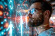 © Vera - Beautiful male with well-groomed beard wearing eyeglasses using AI technology to attract holographic white human figures with a magnetic horseshoe