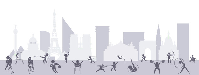 Great editable vector file of olympic multisport players silhouette in the front of paris skyline with classy and unique style best for your digital design and print mockup