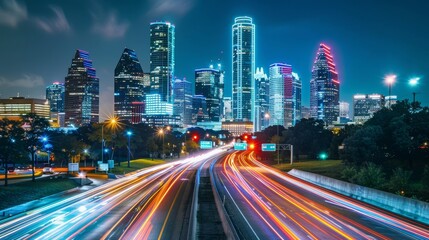 Neon Nights Vibrant Cityscape with Light Trails and Futuristic Skyscrapers Capturing the Dynamic Energy of Urban Life with Canon EOS 6D Mark II