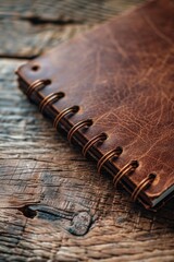 Aufkleber - A close-up shot of a leather-bound notebook resting on a wooden table