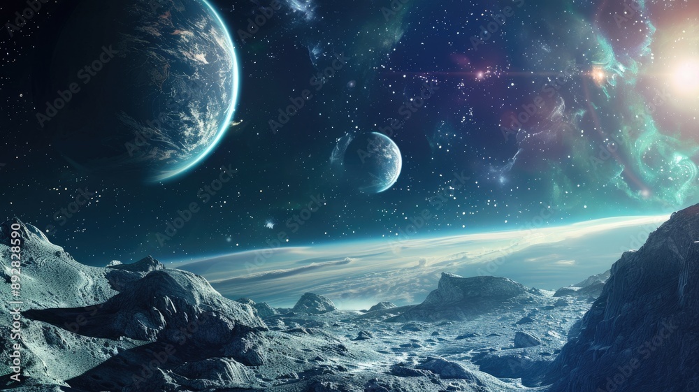 Extraterrestrial landscape with multiple planets in sky above rocky ...