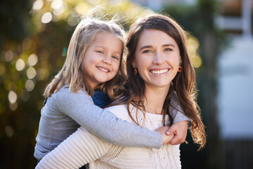 Canvas Print - Piggyback, mom and girl child in park for love, care or bonding together with single parent or wellness. Development, relax or happy mother in nature for support, security or safety with smile or kid