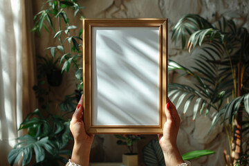 A pair of woman hands holding a light wooden vertical frame mockup 