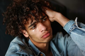 Poster - Closeup of a thoughtful young man with curly hair looking aside, wearing a denim jacket