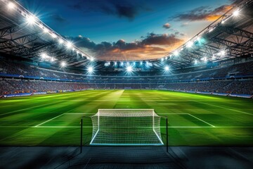 Wall Mural - A green soccer field with a goal in the center, ideal for sports or fitness images