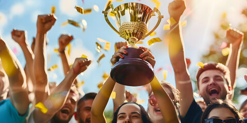 People cheering with gold trophy for winning team in group celebration. Concept Sports, Victory, Celebration, Teamwork, Awards