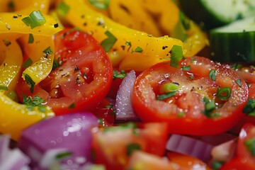 Sticker - Closeup of a colorful and fresh vegetable salad with a variety of delicious. Ripe. And organic ingredients. Including tomatoes. Cucumbers. Onions. And bell peppers