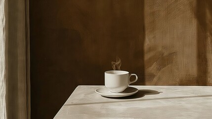 Poster -   A white coffee cup sits atop a saucer, white table, and brown wall