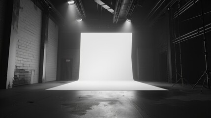 Aufkleber - A black and white photograph of an empty stage, perfect for use in drama or theater-themed projects