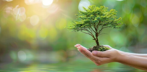 Hands cupping a small tree against a blurred background of nature and sunlight