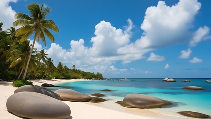 A panoramic photo of a tropical beach with a bright blue sky and scattered white clouds. The layout features a sandy coastline with large, smooth rocks in the foreground and lush green palm trees lini