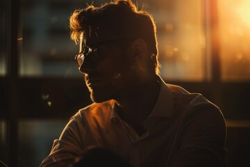 Aufkleber - A man sits in front of a window, wearing glasses and lost in thought