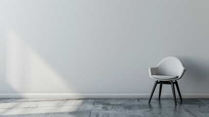 Detailed view of a minimalistic chair against a plain wall, wide copy space above and beside the chair