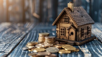 Wall Mural - Wooden miniature house beside stack of coins on rustic table