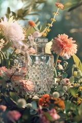 Poster - A clear glass bottle filled with fresh flowers sitting on a wooden table
