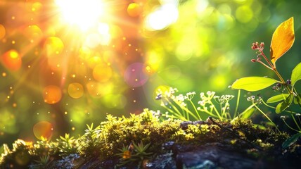 Wall Mural - sunlight filtering through leaves onto forest floor with vibrant greenery