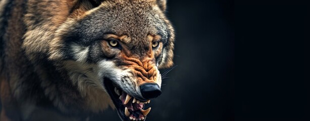 Angry grinning wolf head Canis lupus on black background Growling muzzle of a wolf