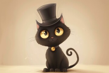 Sticker - Digital illustration of a cute black cat with a top hat, showcasing big yellow eyes