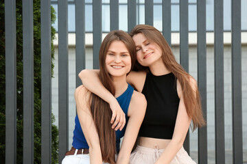 Canvas Print - Two beautiful twin sisters in near metal fence outdoors