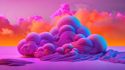 Poster -   A stunning landscape captured by a computer-generated image featuring majestic mountains, wispy clouds in shades of pink and purple