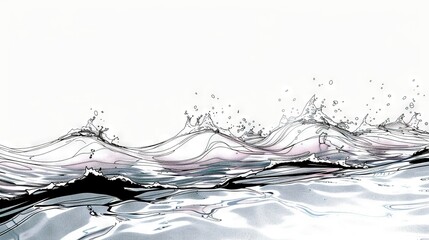 Poster -   Black & white illustration of a wave in the sea, with water spraying on top