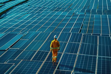 Wall Mural - A person standing near solar energy panels, great for environmental or science related projects