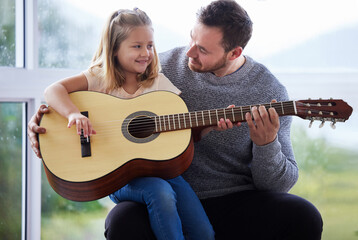 Sticker - Smile, girl and dad teaching guitar with bonding time, knowledge and creative talent in home. Happy, papa and child with acoustic instrument for music education, support and learning notes or chords