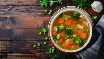 Wall Mural - Chicken soup with broccoli, green peas, carrots and celery in a white bowl on a wooden background in rustic style