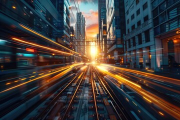 Poster - A blurry image of a city at night with bright lights and bustling streets
