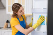 © New Africa - Professional janitor wearing uniform cleaning fridge in kitchen