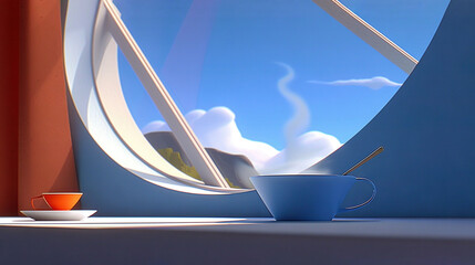 Poster -   A cup and saucer sit on a table, facing the sky and cloud-filled view outside the window