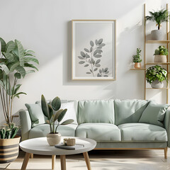 Wall Mural - Mockup frame poster hanging on a white wall above a light green sofa, surrounded by various indoor plants in a cozy living room setting- 3D rendering