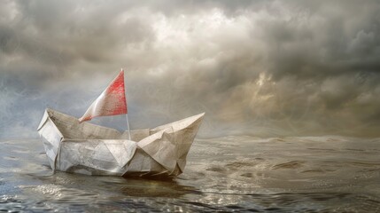 Aufkleber - A paper boat floats peacefully on the surface of the water, with a serene and calming atmosphere