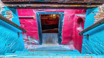 Sticker -   A red brick building with a blue door and steps leading to a room with a red brick wall and a blue door