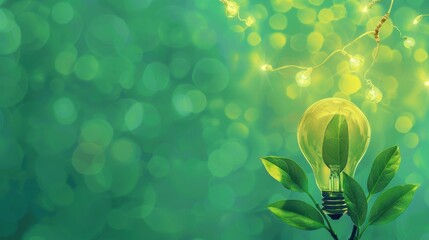 Energy saving day. Light bulb among green leaves on a green background. Environmental protection, renewable, sustainable energy sources. Earth Day. Save world and energy power. Free space for text