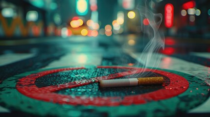 Poster - A cigarette sits on top of a red and green sign, possibly in a public place or event